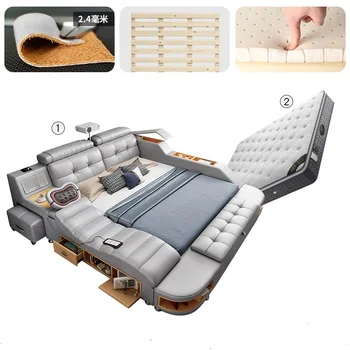 Smart masáž kožené postele moderný minimalistický tatami dvojité svadobné lôžko spálňa multi-function veľkú posteľ vlastný nábytok
