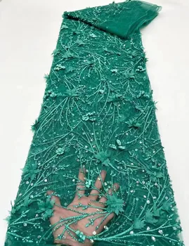 Africké Nigérijský Zelená Nášivka Kvet 3D Čipky Textílie Svadobné Svadobné francúzsky Tylu Luxusné Flitrami Perly Korálkové Čipky Textílie