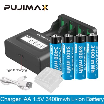 PUJIMAX 4Pcs AA Nabíjateľné Lítiové Batérie, 3400mWh Li-ion Batéria+Originál Inteligentná Nabíjačka Na Baterku Budík