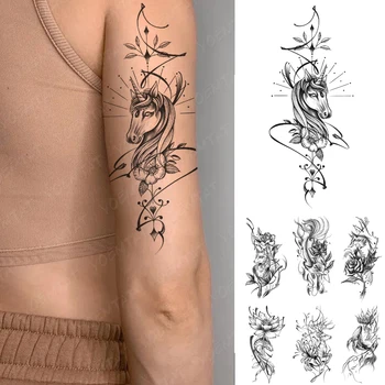 Unicorn Nepremokavé Dočasné Tetovanie Nálepky Krásy Kôň Ruže Kvet Pobočky Harajuku Tatto Body Art Rameno Falošné Tetovanie Muži Ženy