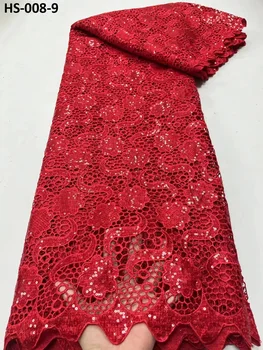 5Yards Afriky Guipure Čipky Textílie s Sequin Červená Biela Výšivka Nigérijský Kábel Čipky Textílie pre Birdal Exkluzívne Svadobné Šaty