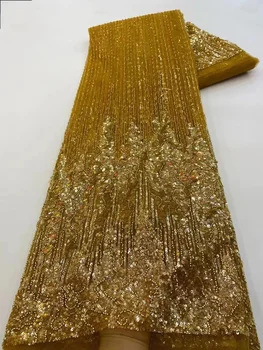 Zlato High-End Luxusný Francúzsky Výšivky Ženícha Čipky Textílie Afriky Nigérijský S Flitrami Textílie Pre Svadobné Šaty