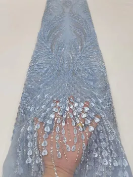 Sky blye 3D Kvety Luxusné Flitrami Čipky, Výšivky Afriky francúzsky Oka Tylu Čipky Textílie Pre Nigéria Večerné Šaty Party Šaty