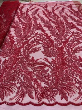 Ťažké Červené Flitre Čipky Textílie s Korálky, Perly Čipky pre Svadobné Šaty Svadobné Textílie Luxusný Dubaj Oka Tylu Výšivky 5 Metrov