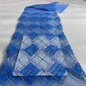 Sky blue (nebeská modrá Hing-End Luxusný francúzsky Veľké Korálkové Laser Výšivky, Čipky Textílie Afriky Nigérijský S Flitrami Textílie Pre Svadobné Šaty